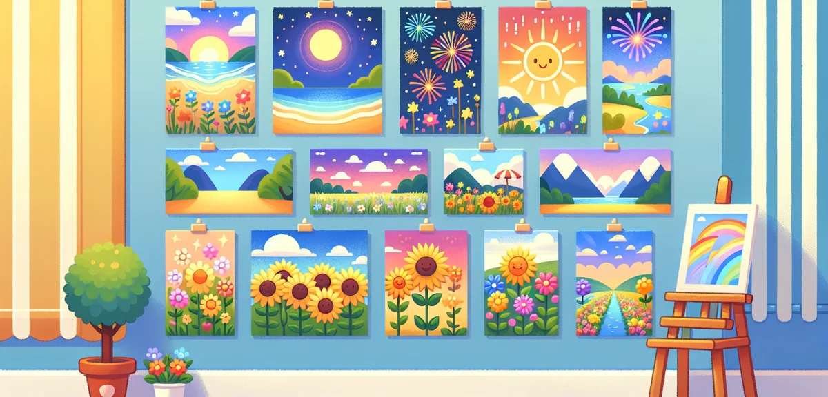 Several completed children's summer paintings displayed on a classroom wall: a beach scene, firework