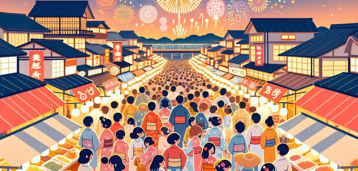 A lively illustration of a Japanese fireworks festival (hanabi taikai) at night, crowds watching col