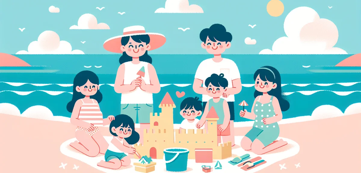 A cheerful watercolor illustration of a Japanese family enjoying a beach day in summer, building san