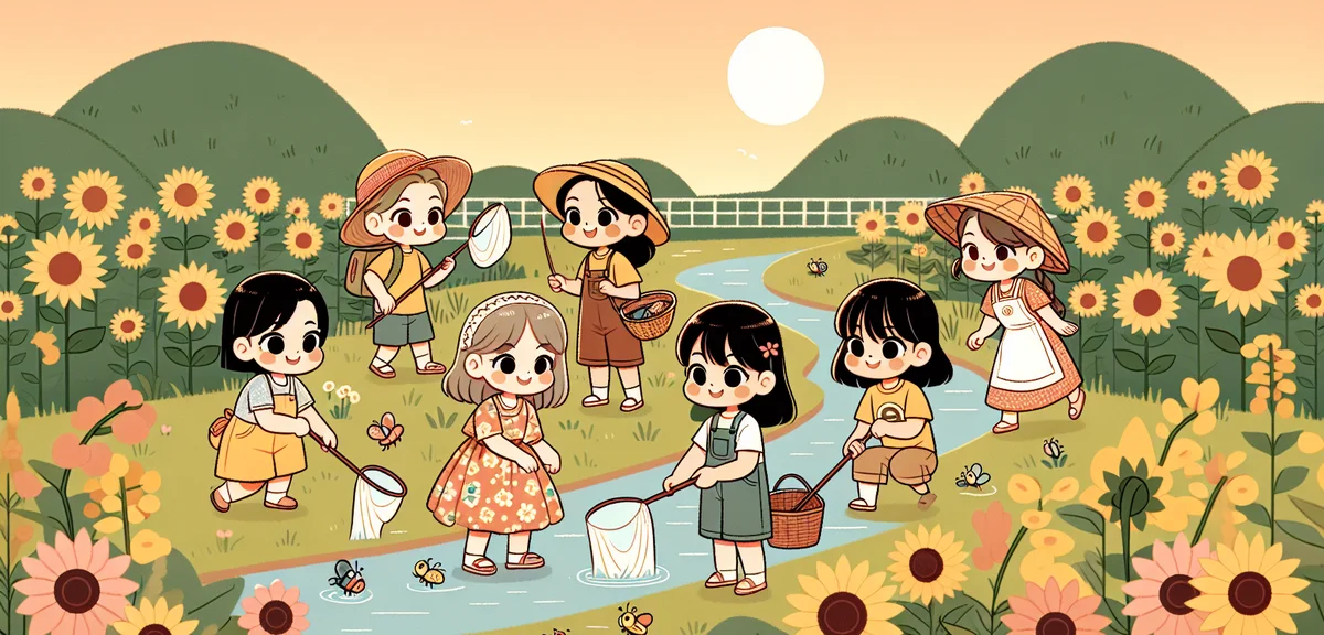 An illustration of Japanese children in the Showa era playing outdoors in summer, catching insects w