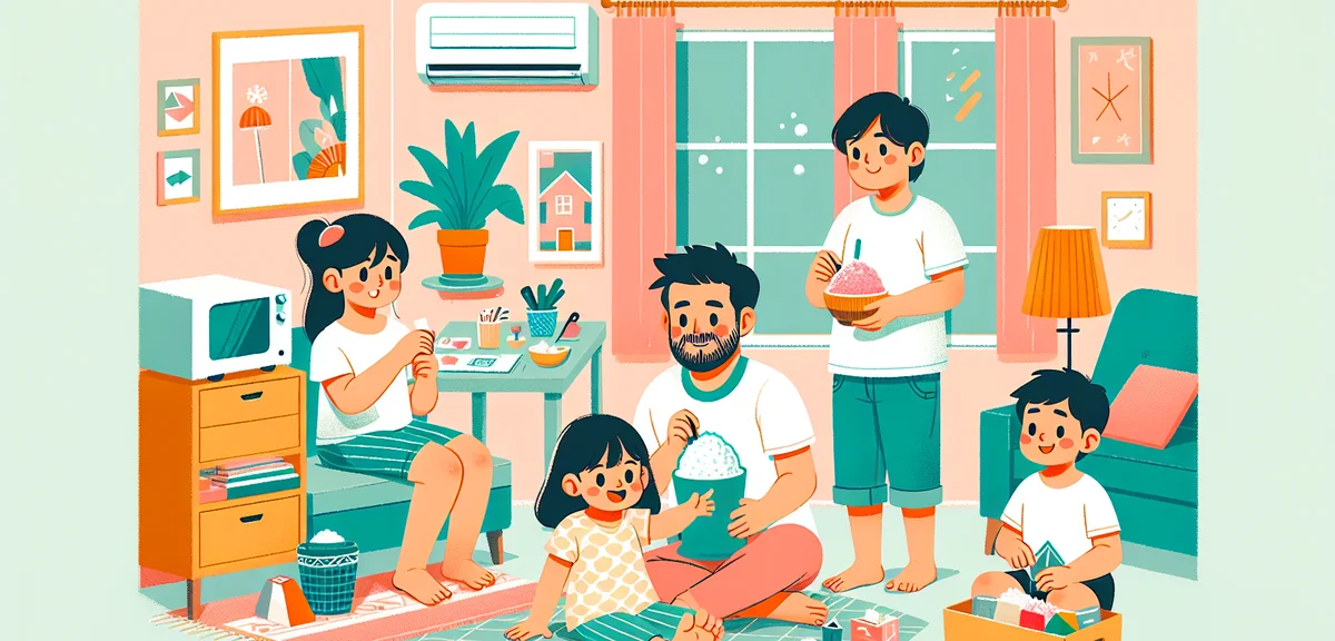 A modern illustration of a family enjoying indoor summer activities, making shaved ice at home, watc