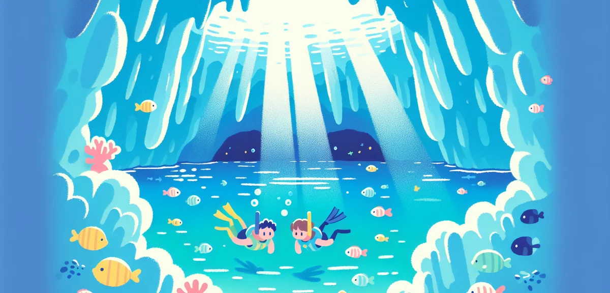 Blue Cave (Aonodoukutsu) snorkeling in Okinawa, sunlight streaming into the cave creating brilliant