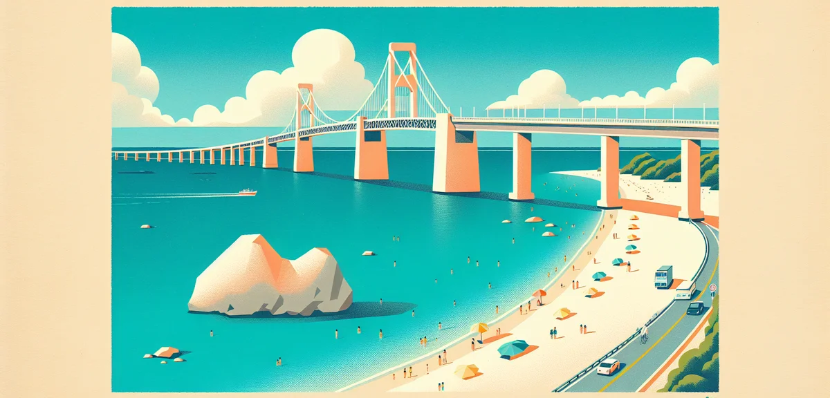 Kouri Island Okinawa, iconic Kouri Bridge stretching over emerald ocean, heart-shaped rock on the be