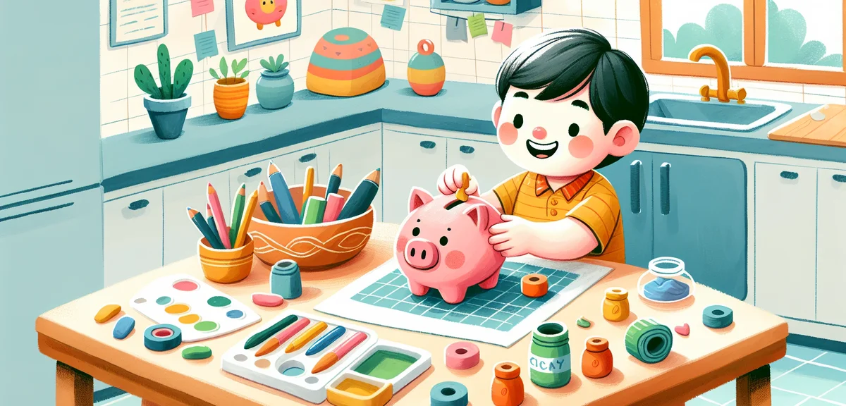 A young elementary school child happily making a colorful clay piggy bank at a kitchen table with 10