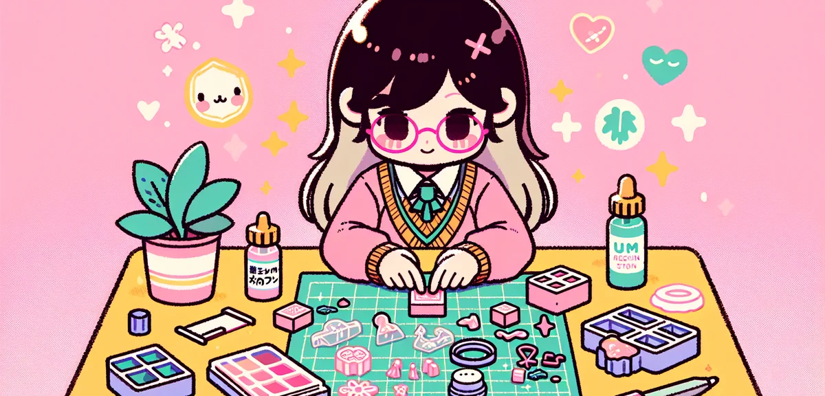 An older elementary school student carefully crafting UV resin accessories at a desk, with molds, gl