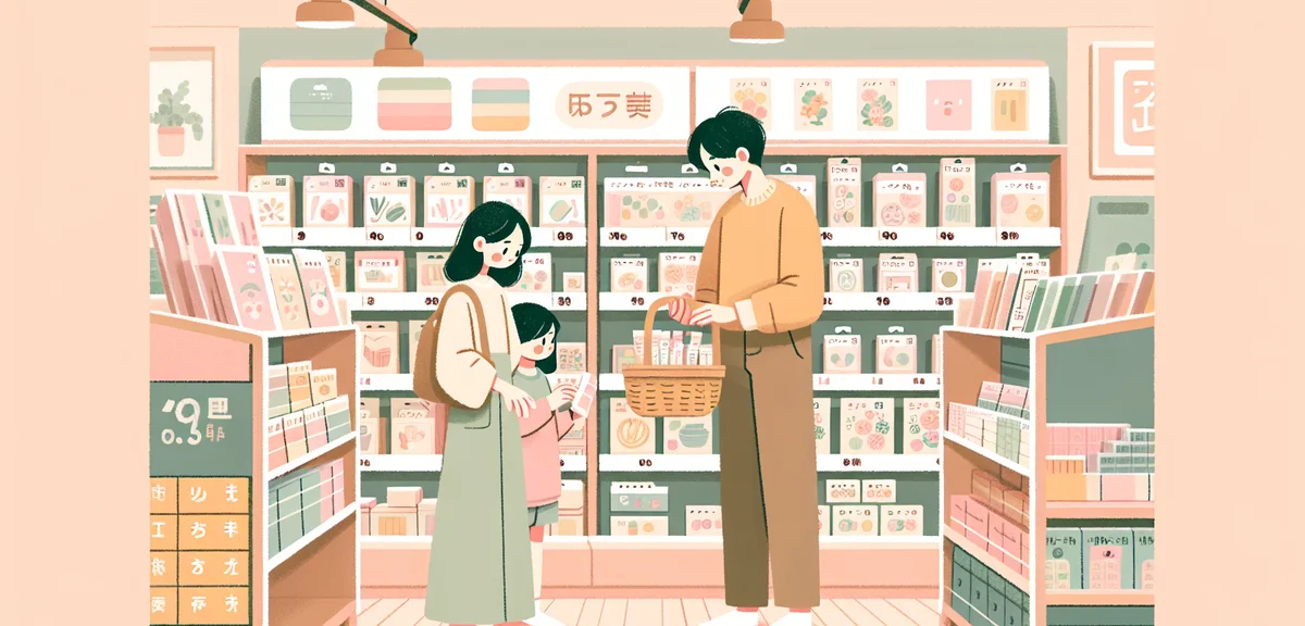 A parent and child browsing the craft supply aisle of a Japanese 100-yen shop, picking up clay and c