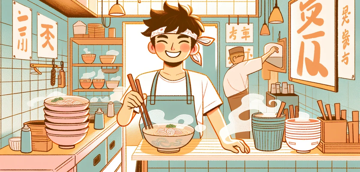 A Japanese high school student working at a busy ramen restaurant kitchen during summer, wearing an 