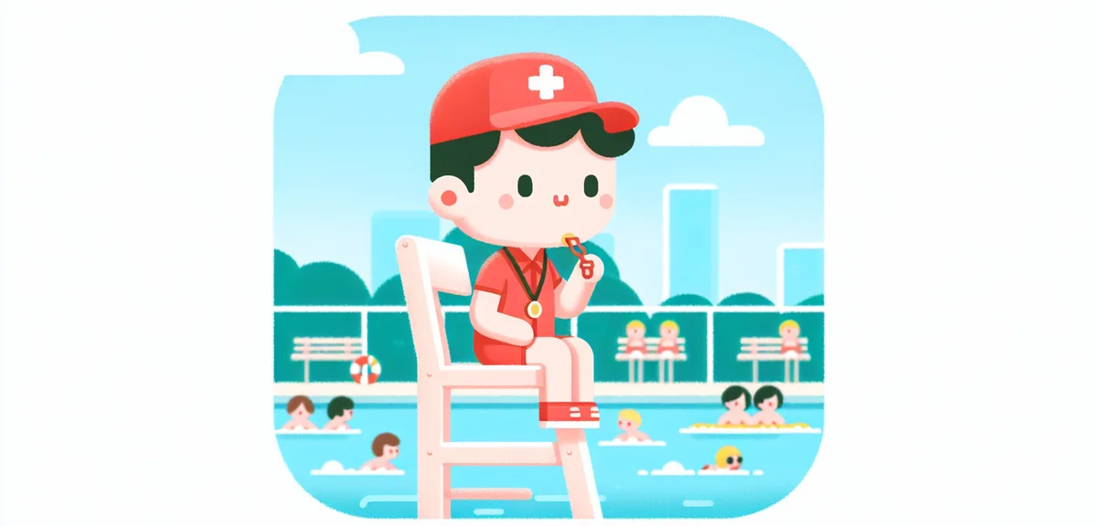 A young Japanese lifeguard sitting on an elevated chair watching over a crowded outdoor swimming poo