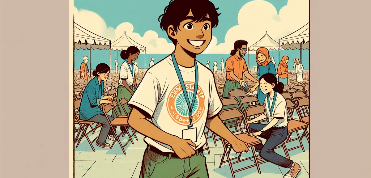 A Japanese high school student in event staff T-shirt helping set up chairs at an outdoor summer fes