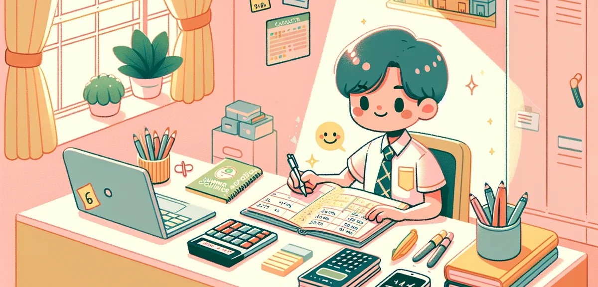 A Japanese high school student sitting at a desk with a calculator and notebook, planning a summer w