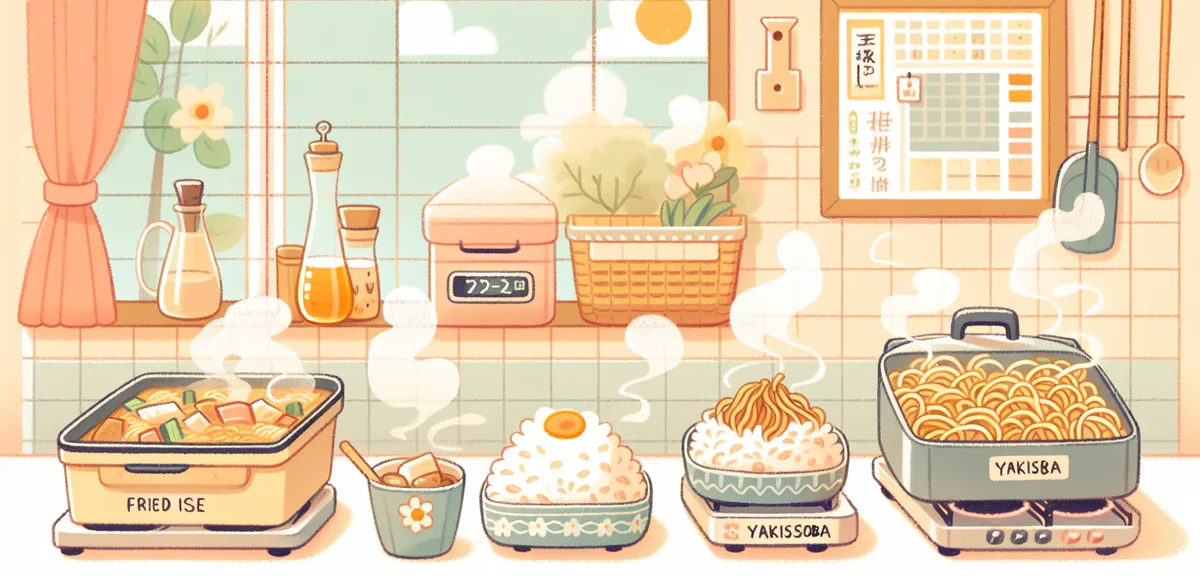 Japanese meal prep scene with fried rice, yakisoba, and dry curry in separate containers being prepa