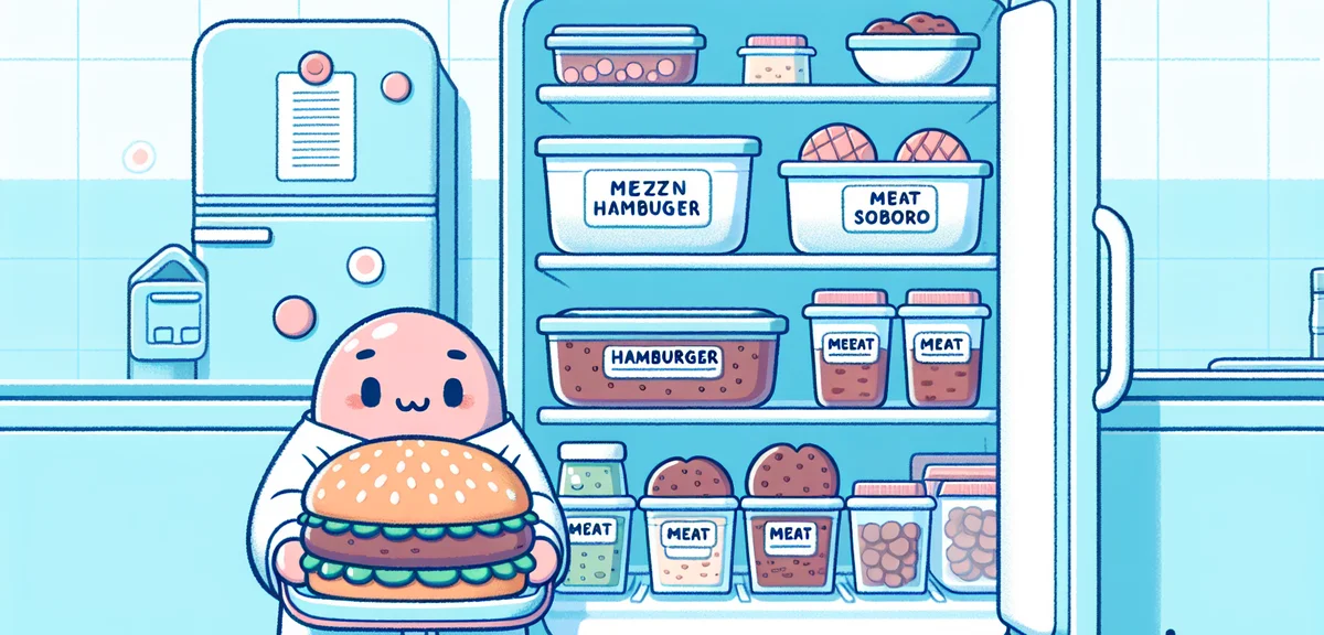 Frozen hamburger patties, meat sauce portions, and meat soboro in labeled freezer containers inside