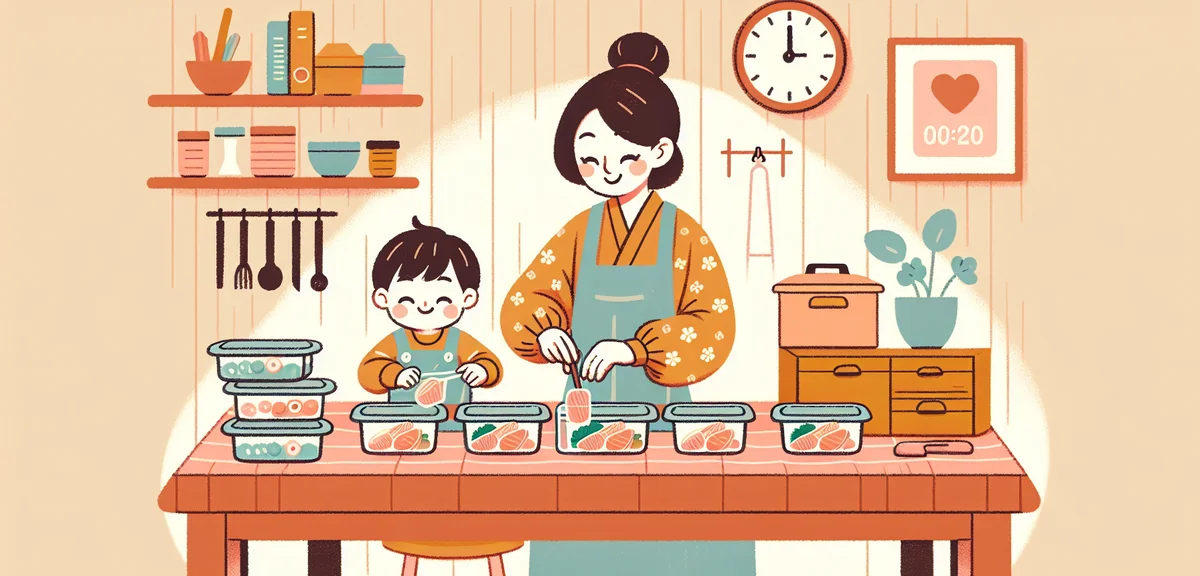 A Japanese parent and child portioning freshly cooked food into small containers at a kitchen table,