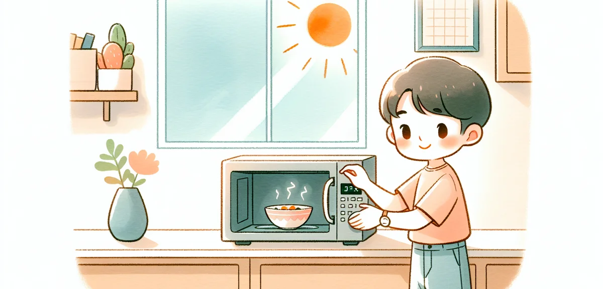 A Japanese child opening a microwave to heat a prepared lunch bowl, simple kitchen setting, confiden