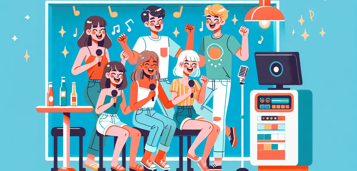 A group of happy Japanese university students singing karaoke together in a modern karaoke room with