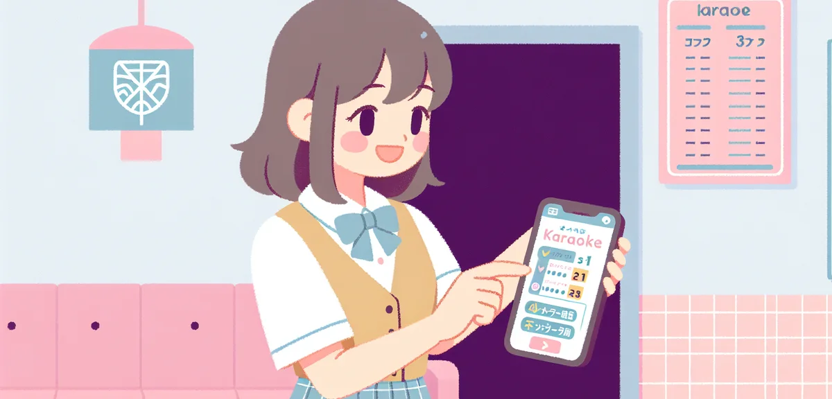 A Japanese high school student checking a smartphone app showing karaoke pricing and reservation scr