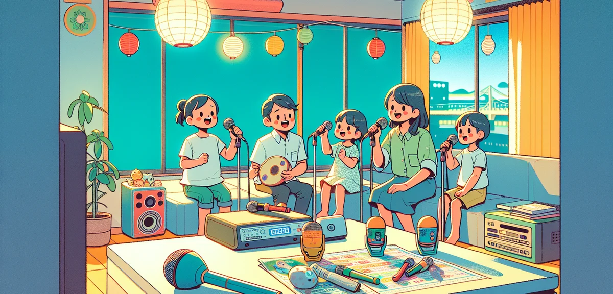 A Japanese family with parents and elementary school children enjoying karaoke together in a bright