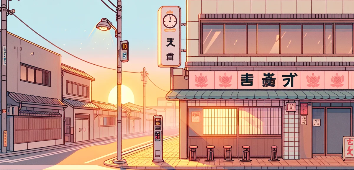 Early morning scene outside a Japanese karaoke building with sunrise light, a clock showing 10 AM, q