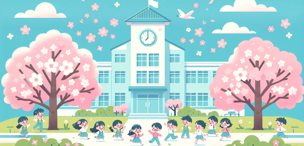 Japanese elementary school building with cherry trees in summer, children playing in the schoolyard,