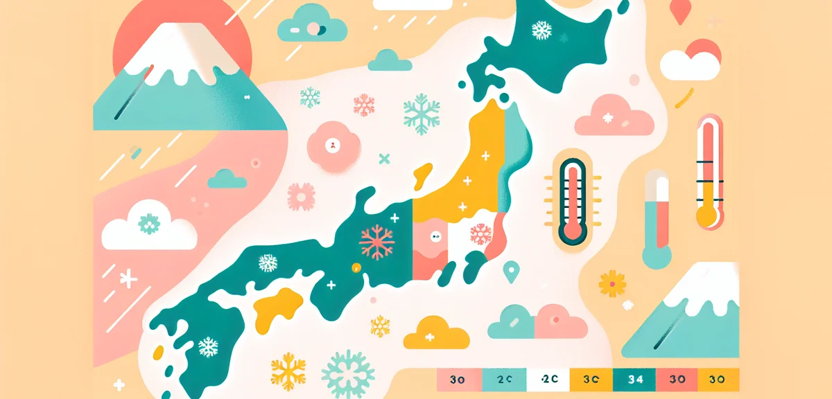 Colorful infographic-style map of Japan showing regional differences with thermometers and snowflake