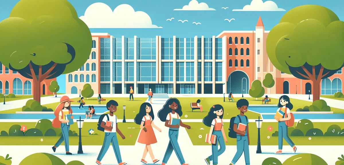 Japanese university campus scene in summer, students walking with books, modern buildings and green 