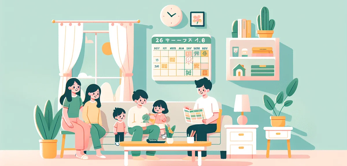 Japanese family looking at a wall calendar planning summer vacation together, living room scene, war
