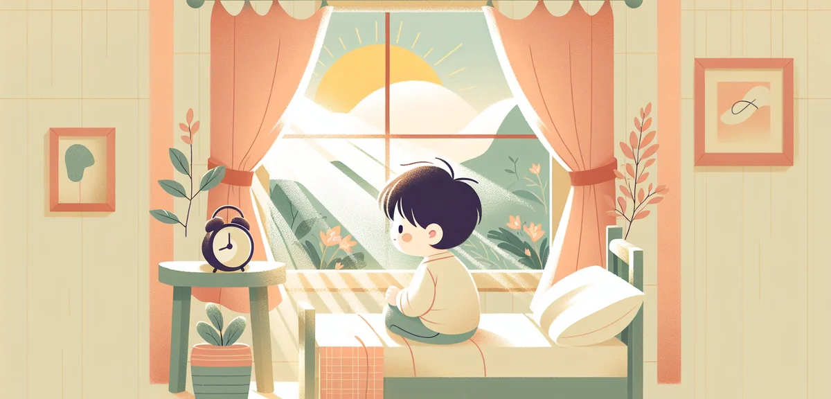 A child sitting on a bed looking out a window at morning sunlight, alarm clock on bedside table show