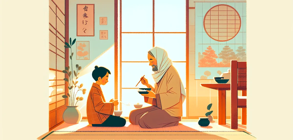 A parent and child sitting together at a kitchen table having a calm conversation over breakfast, wa