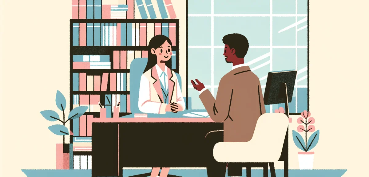 A professional school counselor talking with a parent in a friendly office setting, bookshelves in b