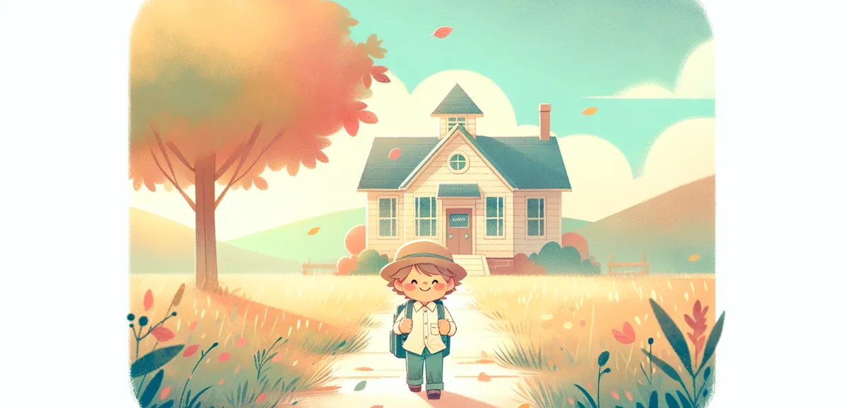 A child walking toward a school building with a small smile, backpack on, autumn leaves beginning to