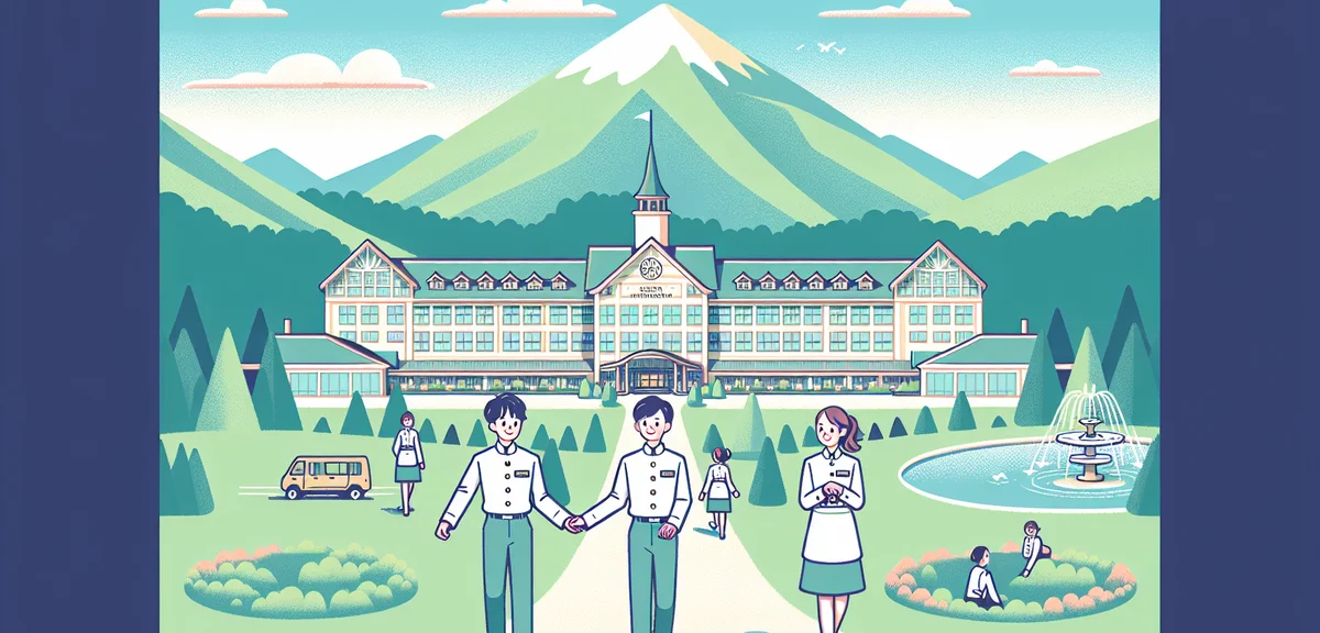 A scenic view of a resort hotel in Hokkaido Tomamu with green mountains in background, young Japanes