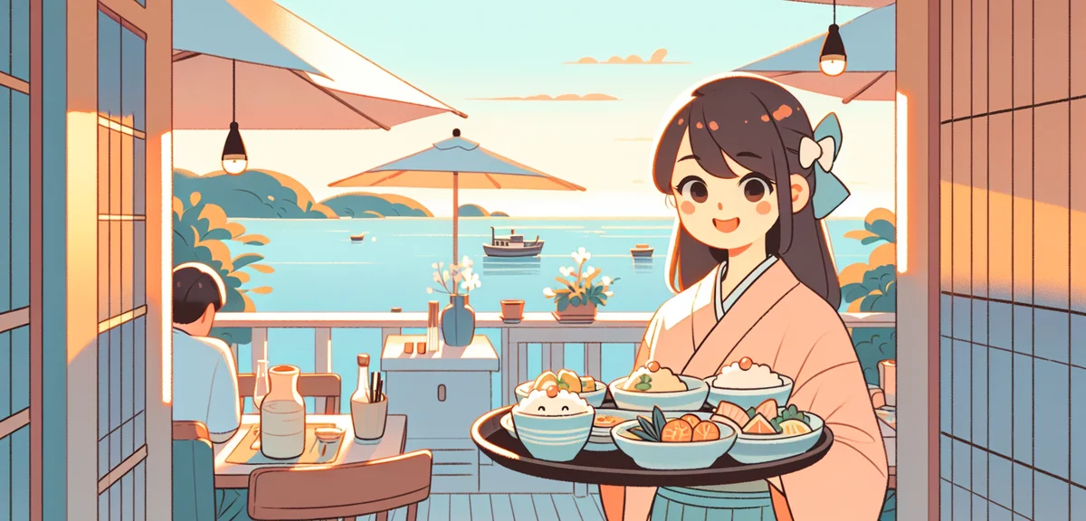 A young Japanese woman working as a restaurant server at a beautiful seaside resort, carrying plates