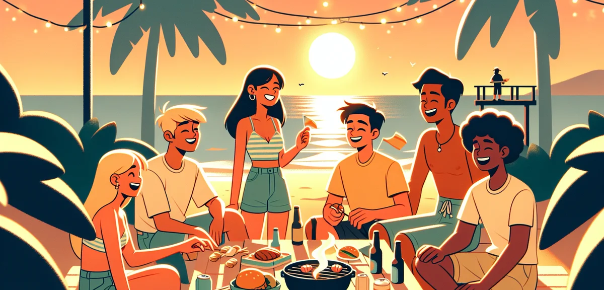 A group of young Japanese resort workers enjoying a sunset barbecue on the beach after work, casual 