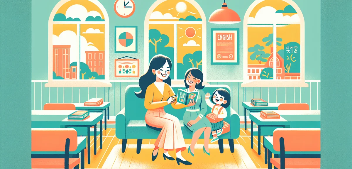 A happy Japanese family (mother and child) studying English together in a colorful classroom in Cebu