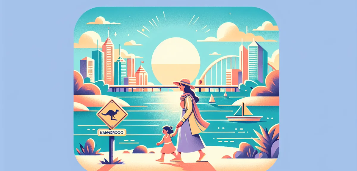 Beautiful Australian coastal city skyline with a Japanese parent and child exploring together, kanga