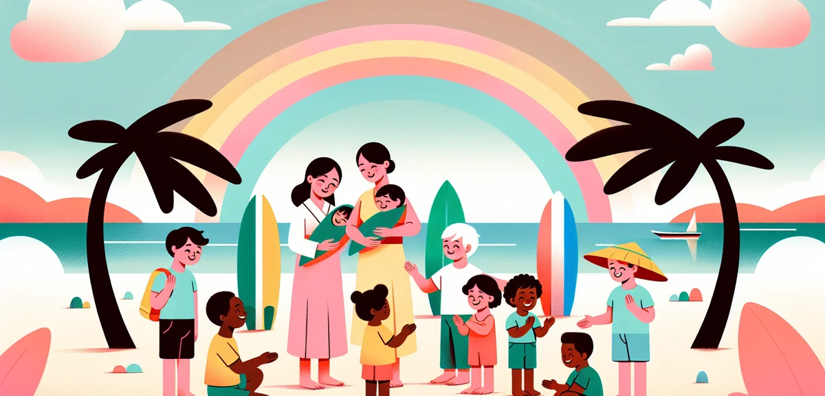 Hawaiian beach scene with a Japanese mother and child enjoying cultural exchange with local children