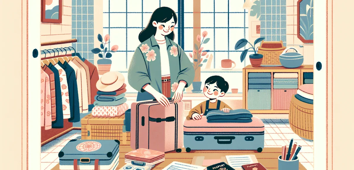 Japanese mother and child packing suitcases together at home for study abroad trip, passports and En