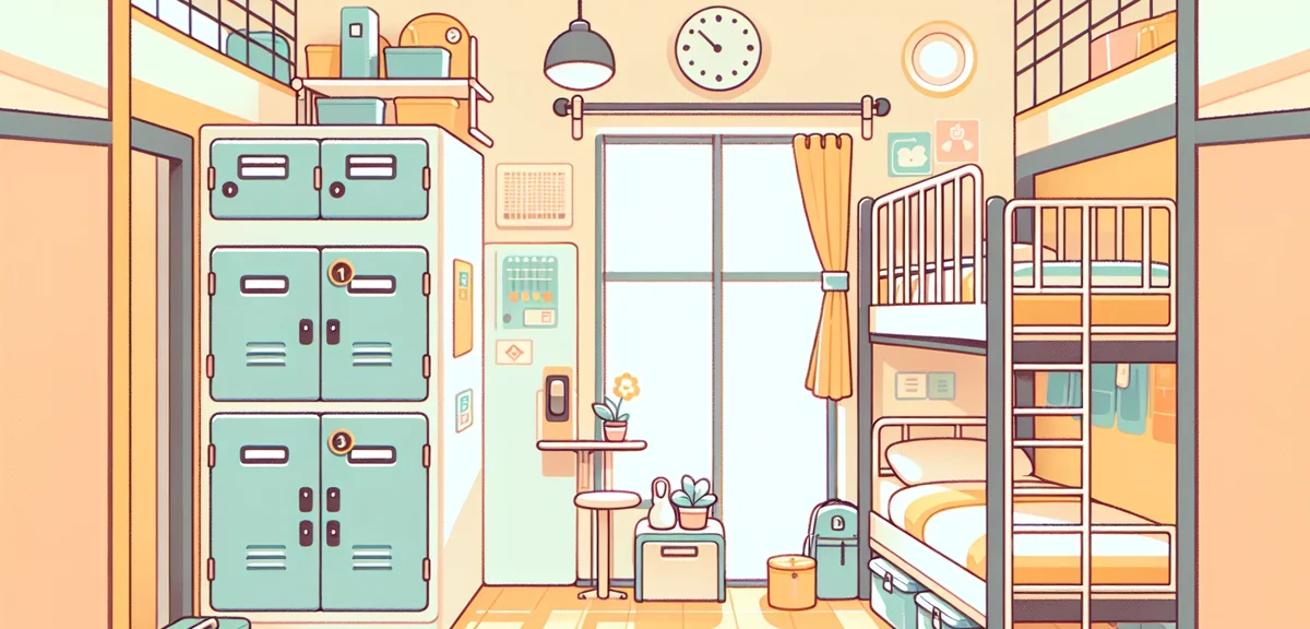 A simple clean shared dormitory room in a Japanese driving school camp with bunk beds and personal l