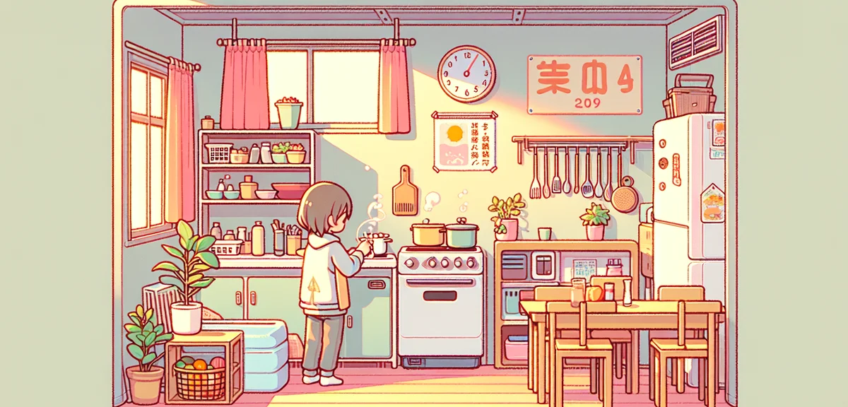A small kitchen in a Japanese driving school dormitory with a young person cooking a simple meal, br
