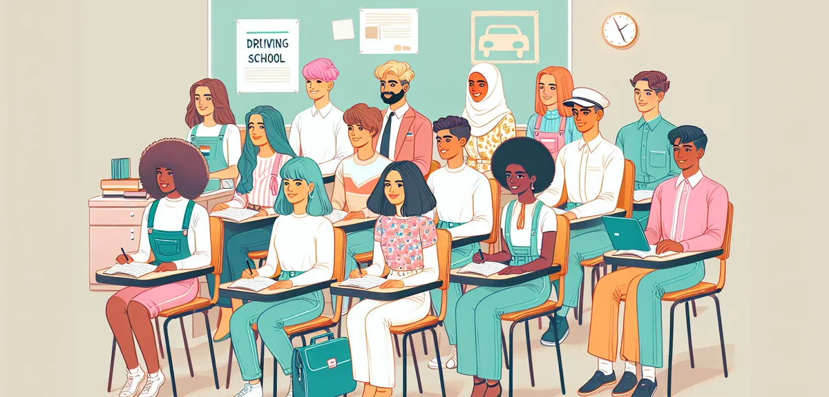 A group of young Japanese university students smiling and studying together at a driving school clas