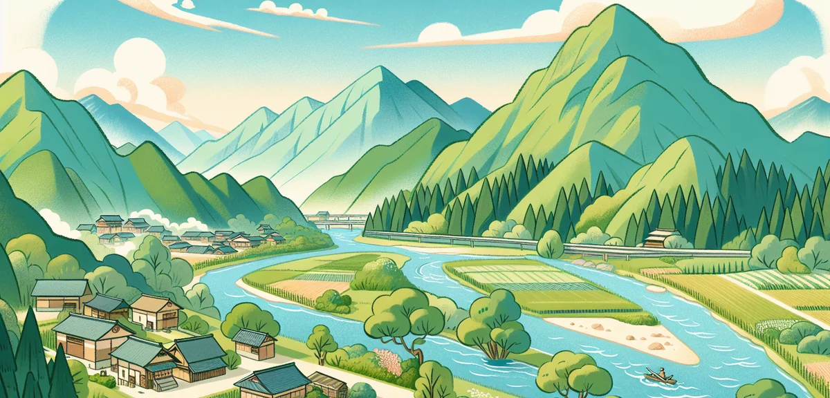 A serene Japanese countryside landscape in summer with lush green mountains, a clear river, and a sm