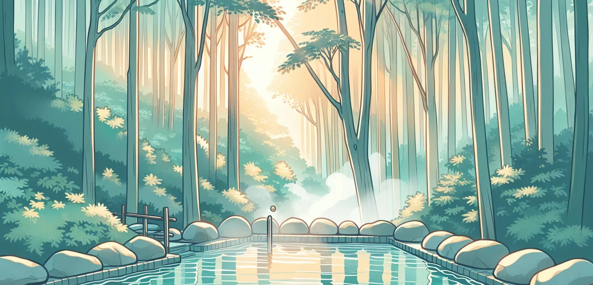 A misty outdoor hot spring (onsen) surrounded by dense beech forest in Tohoku Japan, summer morning 