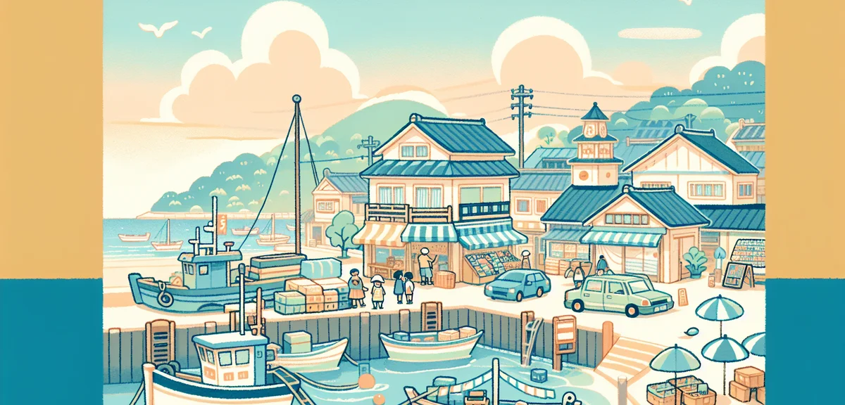 A cool seaside town of Katsuura Chiba Japan in summer, fishing boats in harbor, traditional morning 