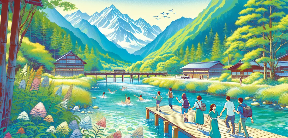 Kamikochi valley in Nagano Japan during summer, crystal clear Azusa river with Japanese Alps in back