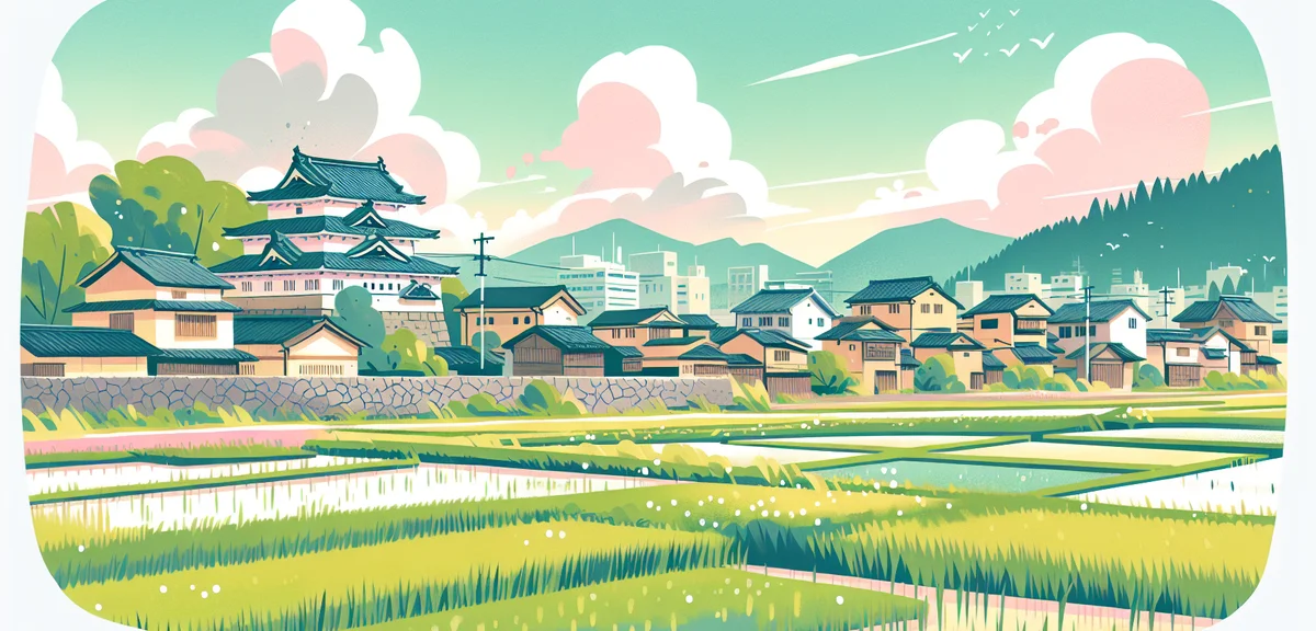 A quiet Japanese rural town with stone-walled samurai residences and rice paddies, summer greenery, 