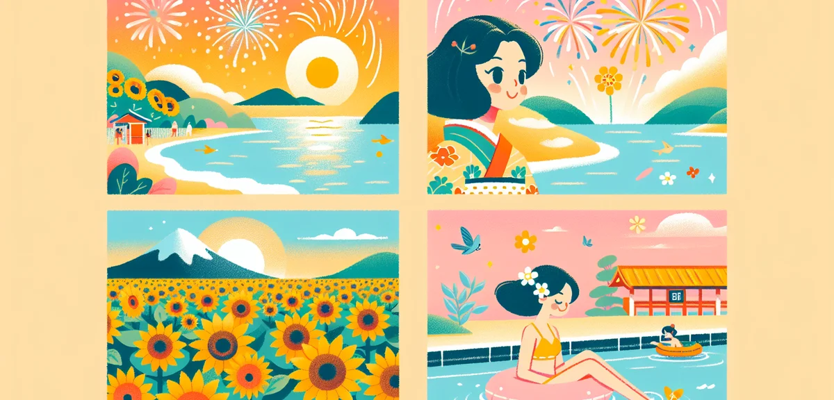 A scenic summer collage showing fireworks over the ocean, sunflower fields, and a person swimming at
