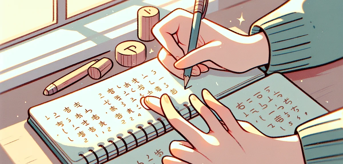 Close-up of a student's hands counting syllables on fingers while writing Japanese text in a noteboo