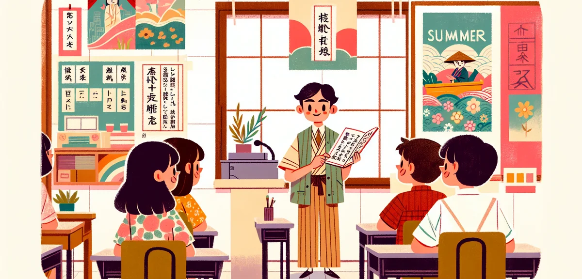 A Japanese student reading a tanka poem aloud in a bright classroom, other students listening attent