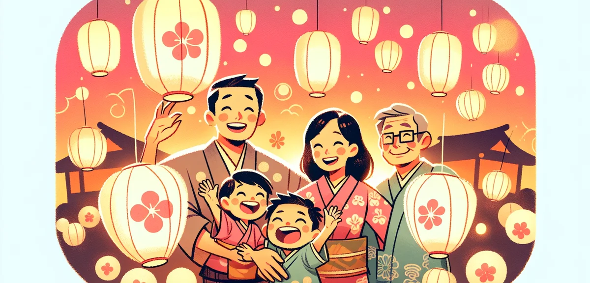 Japanese family enjoying Obon holiday activities, traditional bon odori dance festival with paper la