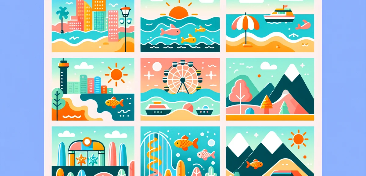 Collage of popular Japanese summer destinations including beach, amusement park, aquarium, and mount